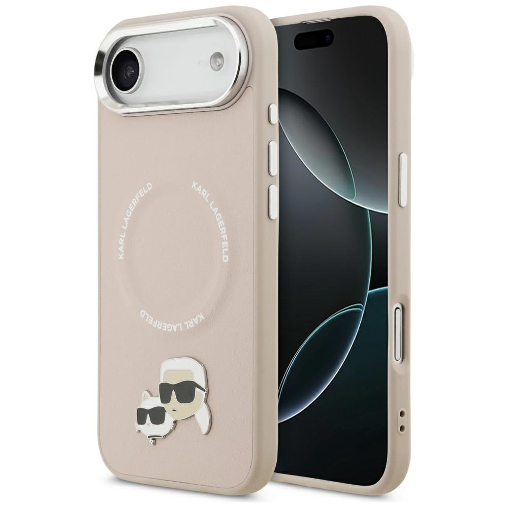 Karl Lagerfeld case Magsafe PU case with Karl&Choupette heads pins logo and metal camera buttons for iPhone 17 Air beige