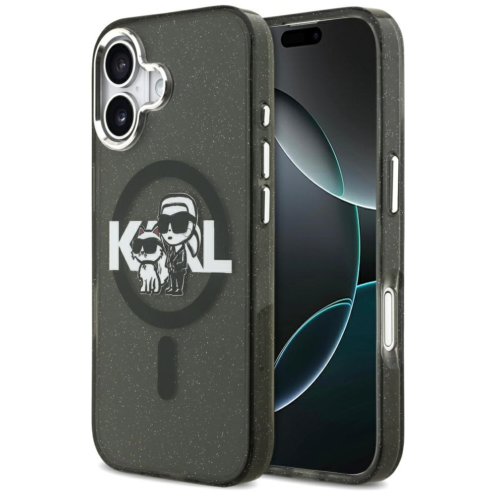 Karl Lagerfeld case Magsafe IML glitter case metal camera frame and buttons Karl and Choupette sketch logo for iPhone 17 transparent