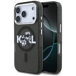 Karl Lagerfeld case Magsafe IML glitter case metal camera frame and buttons Karl and Choupette sketch logo for iPhone 17 Pro transparent