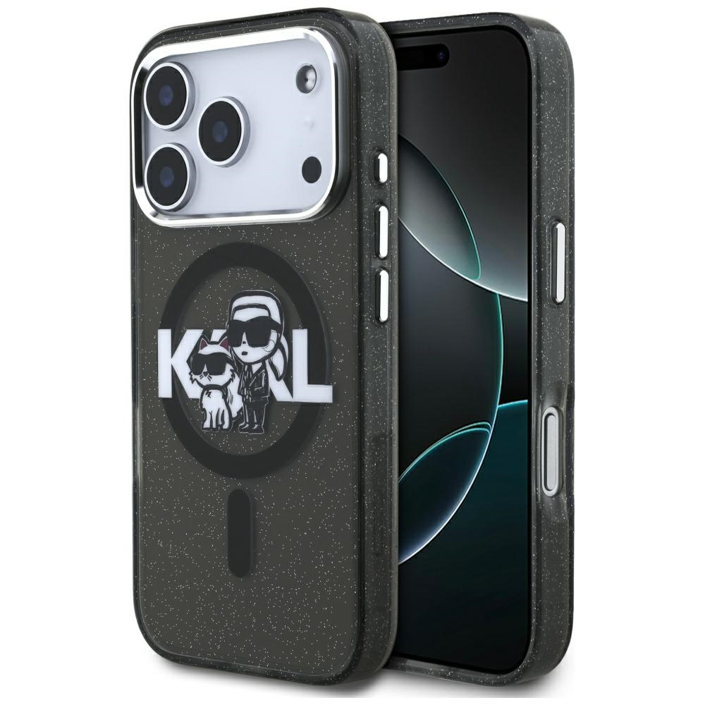 Karl Lagerfeld case Magsafe IML glitter case metal camera frame and buttons Karl and Choupette sketch logo for iPhone 17 Pro transparent