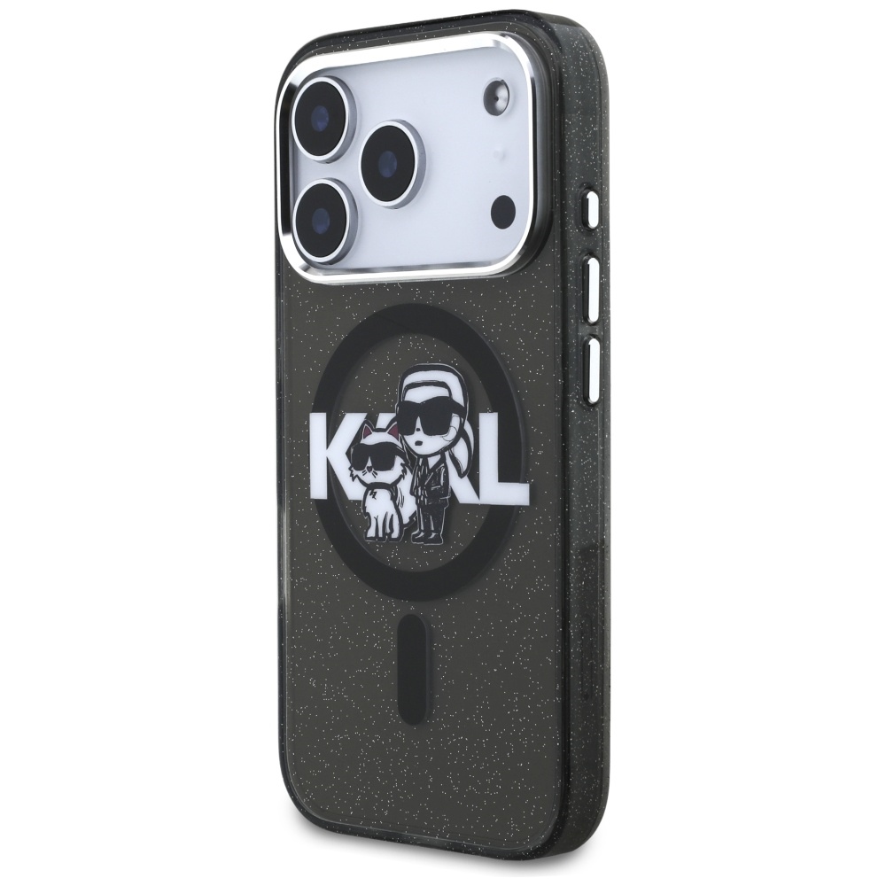 Karl Lagerfeld case Magsafe IML glitter case metal camera frame and buttons Karl and Choupette sketch logo for iPhone 17 Pro transparent - Image 2