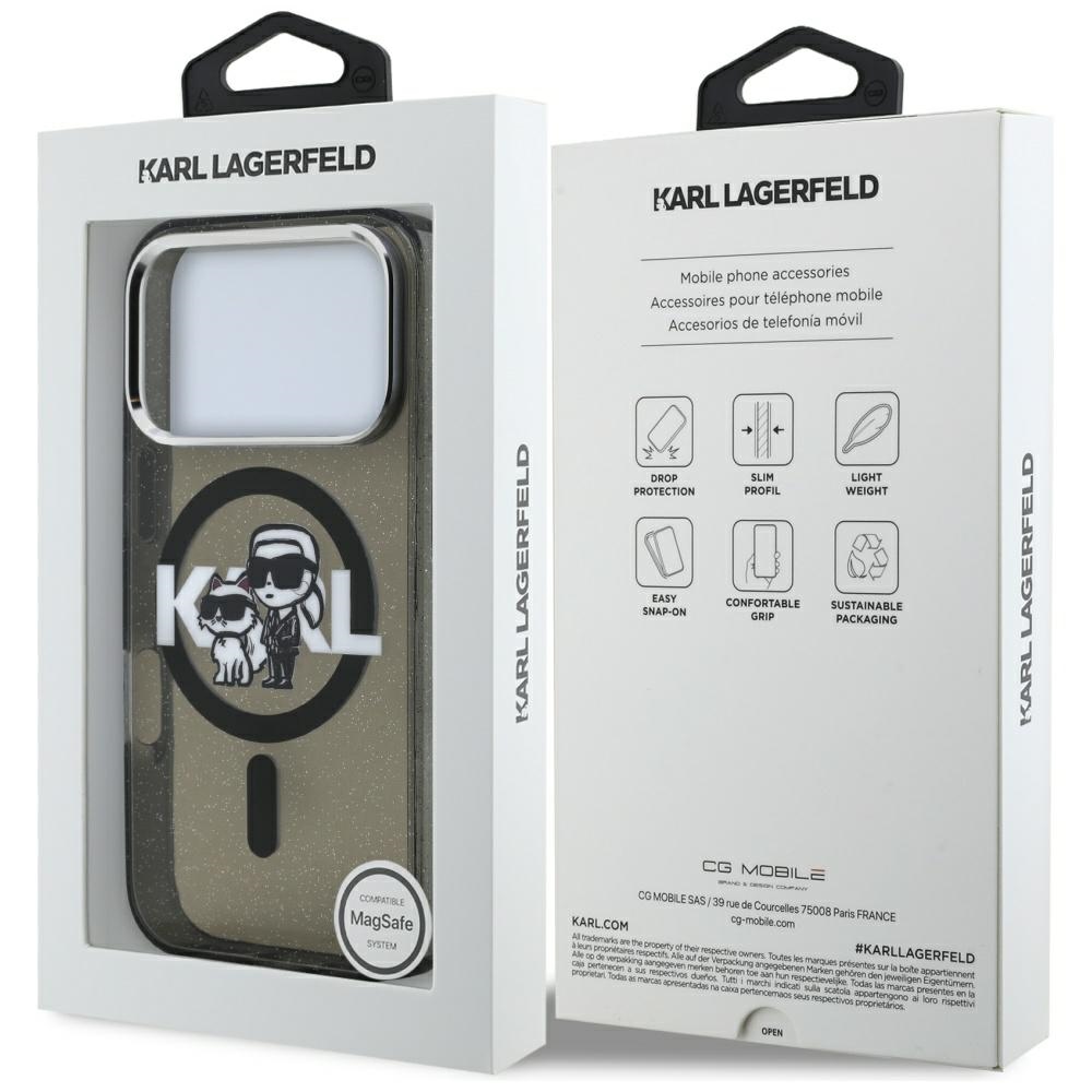 Karl Lagerfeld case Magsafe IML glitter case metal camera frame and buttons Karl and Choupette sketch logo for iPhone 17 Pro transparent - Image 8