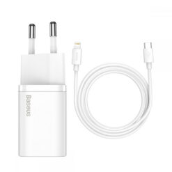 Toalaadija Apple iPhone Lightning otsikuga 20W PD (adapter Power Delivery + USB-C kaabel 1m), kiirlaadimine, valge, Baseus
