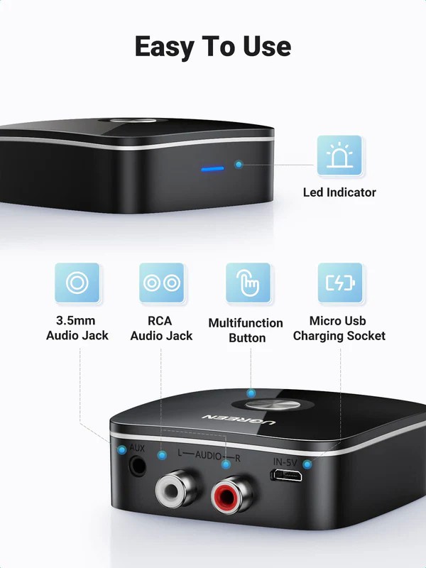 Bluetooth adapter vastuvõtja Ugreen CM123 2xRCA/AUX Bluetooth 5.0 must (30445) - Image 3