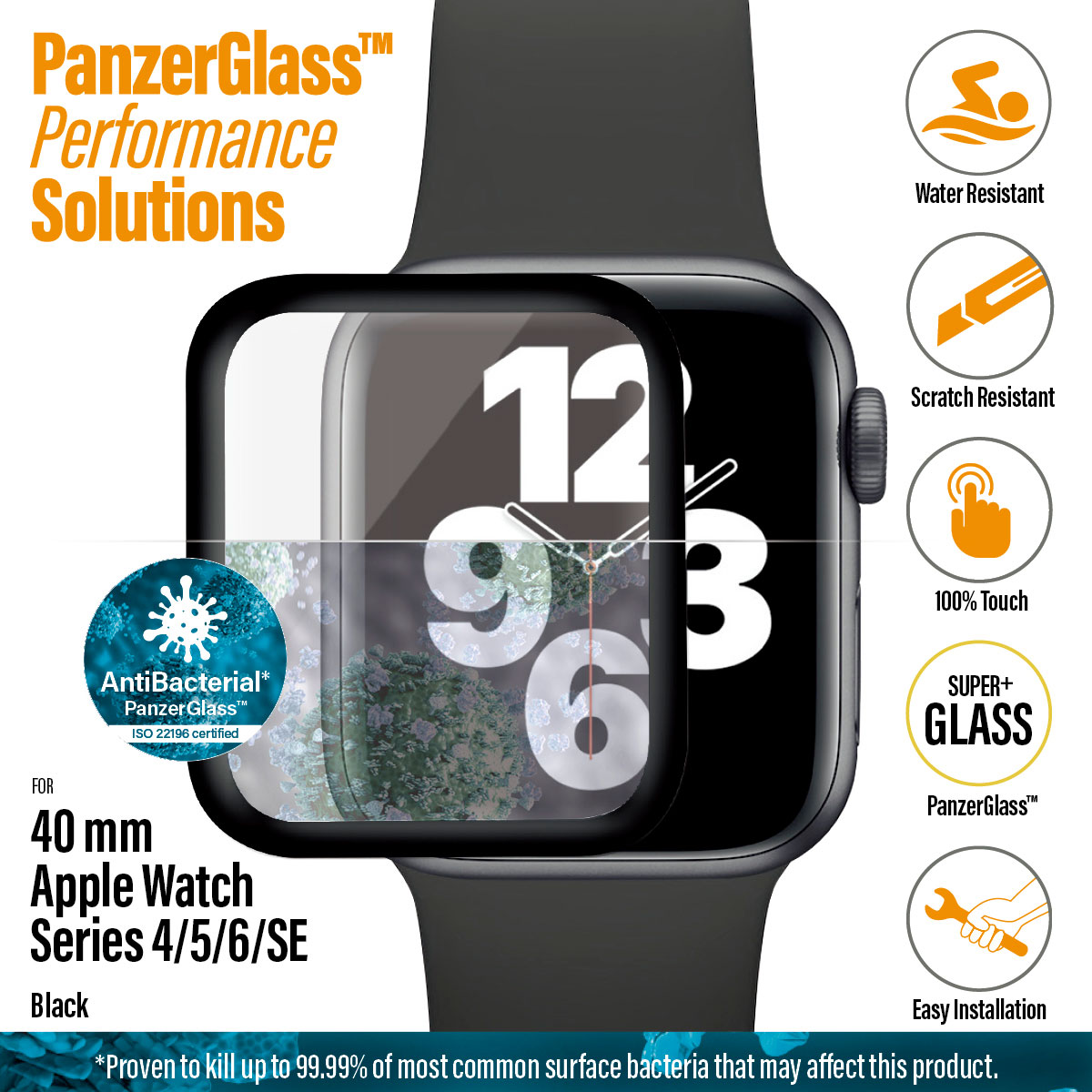 Kaitseklaas Apple Watch SE 3 / SE (2024/2023/2022) / SE / Series 6 / 5 / 4 (40mm), veekindel, kumera musta äärega, PanzerGlass - Image 2