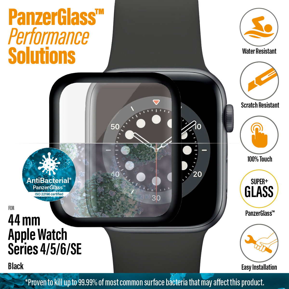 Kaitseklaas Apple Watch SE 3 / SE (2024/2023/2022) / SE / Series 6 / 5 / 4 (44mm), veekindel, kumera musta äärega, PanzerGlass - Image 2