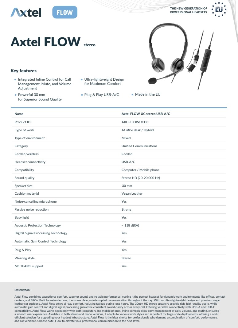 Kõrvaklapid mikrofoniga Axtel FLOW UC Stereo USB-A/C must - Image 5