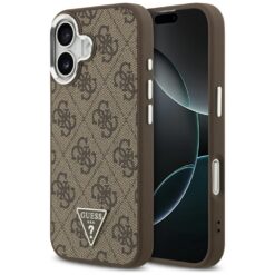 Guess Case Magsafe 4G PU Leather Case With Triangle Logo And Silver Metal Camera Frame For iPhone 17 Brown