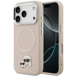 Karl Lagerfeld case Magsafe PU case with Karl&Choupette heads pins logo and metal camera buttons for iPhone 17 Pro beige