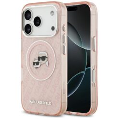 Karl Lagerfeld case Magsafe IML glitter case metal camera frame and buttons Karl and Choupette heads on KL repeated logo for iPhone 17 Pro pink